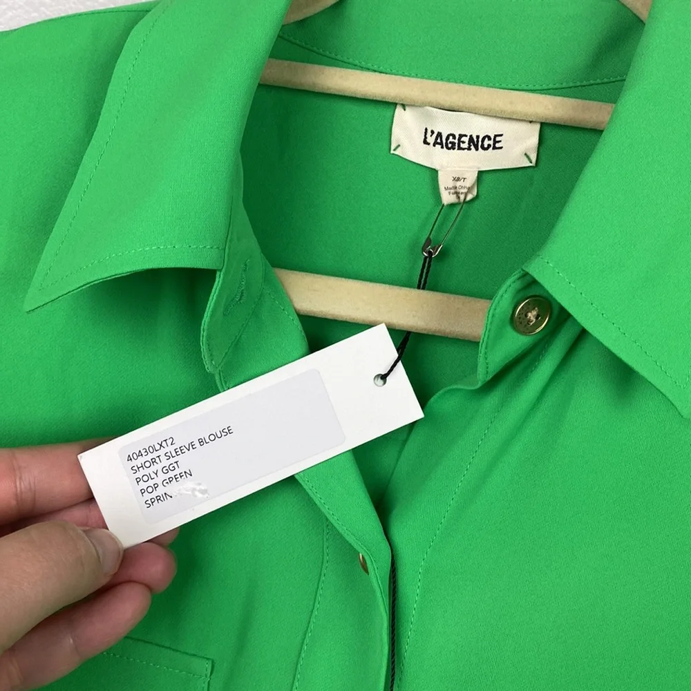 NWT L’AGENCE | Pop Green Short Sleeve Blouse XS - Picture 3 of 6